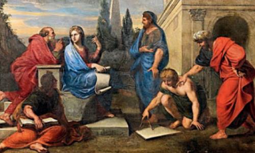 Греческие философы у Аспазии. Сократ (слева) - зрелый мужчина с сединой и лысиной. Греческие философы у Аспазии. Сократ (слева) - зрелый мужчина с сединой и лысиной.